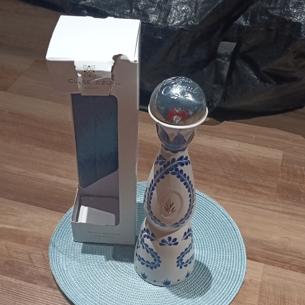 Empty Clase Azul Ceramic Tequila Bottle - White & Blue
